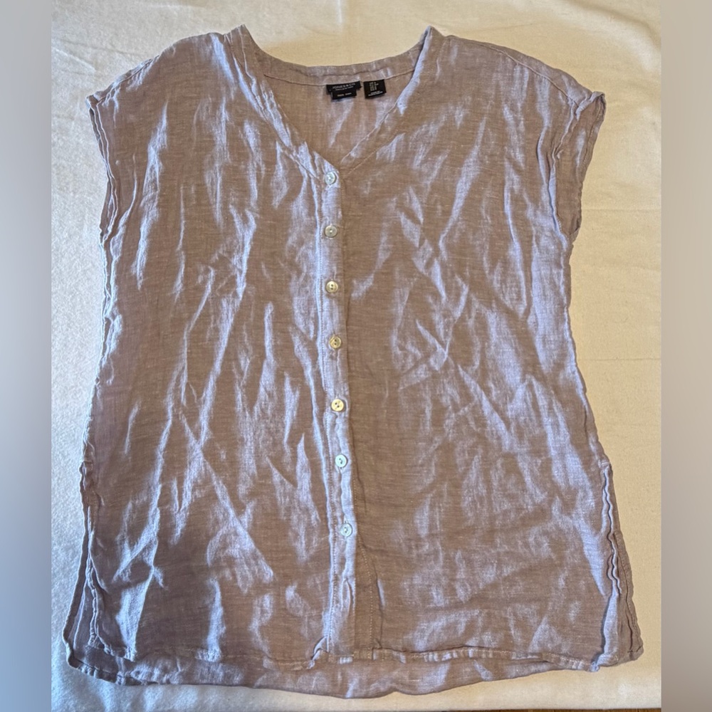 Jones New York Jones & Co Mauve 100% Linen V-Neck Button Front Cap Sleeve Top S